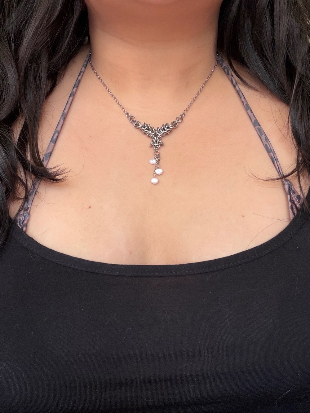Y Shape Pearl Drop Necklace Gothic Princess Whimsical Chainmaille